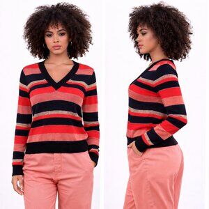 Bold Striped V-Neck Knit Sweater | Red Black Coral